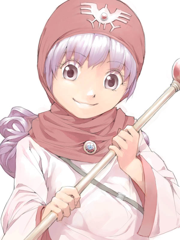 akinbo (hyouka fuyou), gen (susono01), princess of moonbrook, chunsoft, dragon quest, dragon quest ii, enix, ornament, silver hair, 1980s (style), 1girl, aged down, backpack, bag, bandana, brooch, dress, female focus, gem, headscarf, holding, holding wand, jewelry, long sleeves, looking at viewer, oldschool, red headscarf, retro artstyle, rod, shirt, smile, solo, staff, upper body, wand, white dress, white shirt