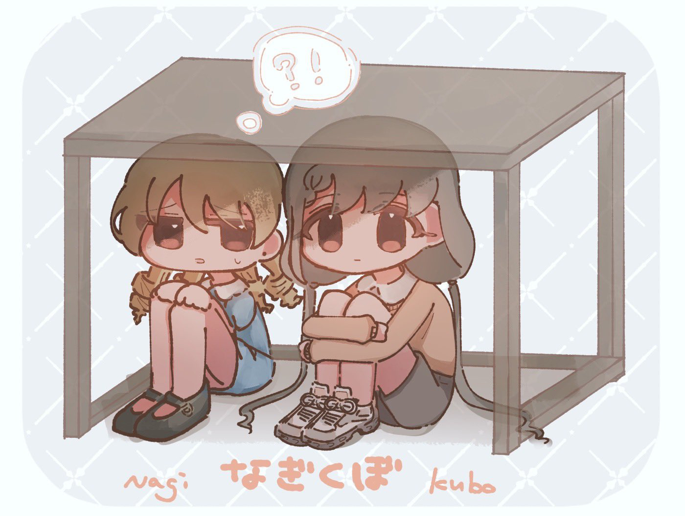 nagimitsu kuten, hisakawa nagi, morikubo nono, idolmaster, idolmaster cinderella girls, commentary request, translation request, !?, 2girls, blonde hair, drill hair, grey hair, hugging own legs, knees up, long hair, looking ahead, looking at another, multiple girls, shoes, sitting, sneakers, speech bubble, sweatdrop, table, thought bubble, twintails, under table, very long hair