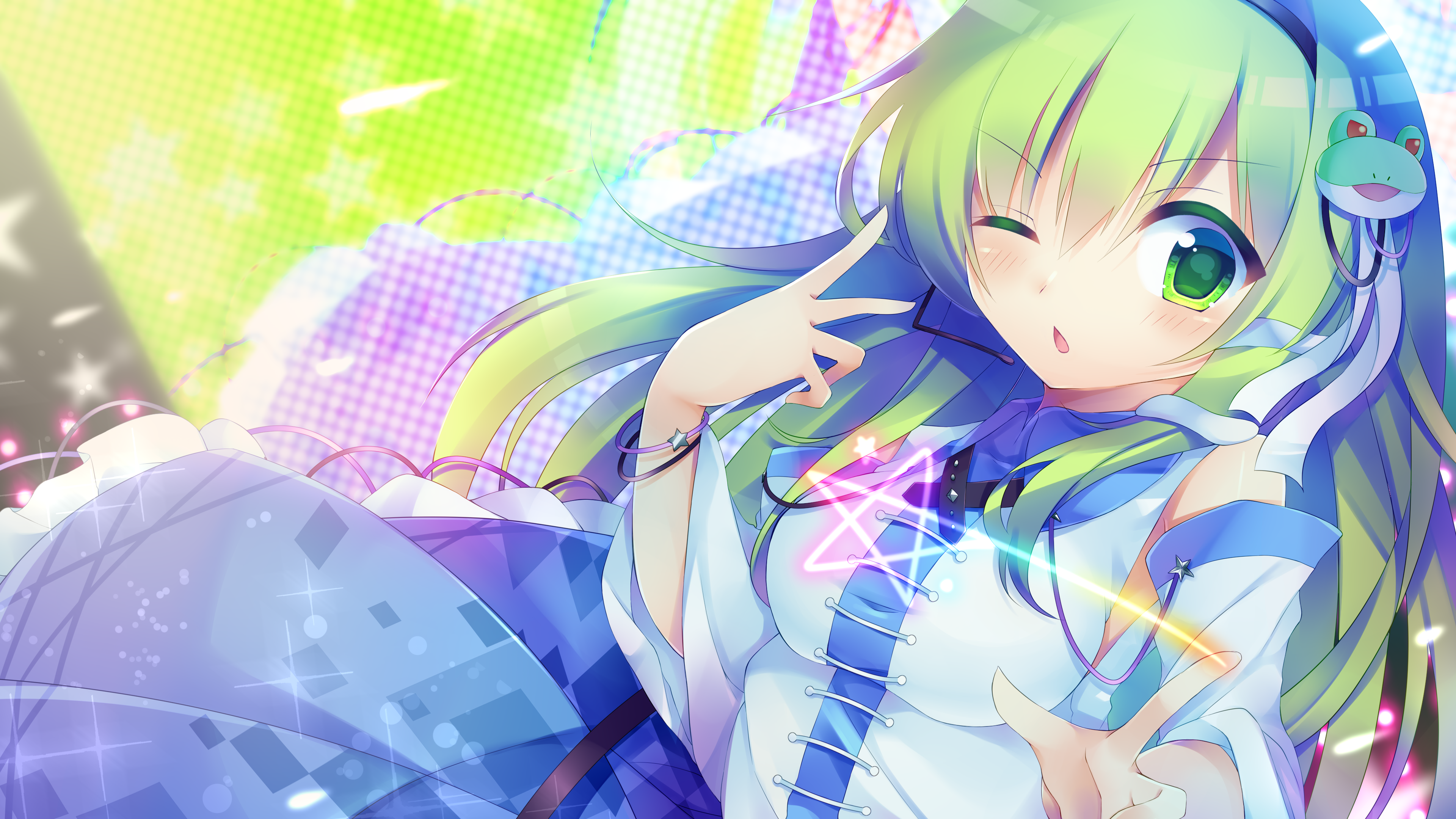 kujou mikuru, kochiya sanae, touhou, absurdres, commentary request, contest winner, highres, 1girl, blue skirt, blush, bracelet, breasts, collared shirt, detached sleeves, finger writing, frilled skirt, frills, frog hair ornament, green eyes, green hair, hair ornament, headset, jewelry, large breasts, long hair, long sleeves, looking at viewer, microphone, multiple bracelets, one eye closed, open mouth, pentagram, shirt, skirt, sleeveless, sleeveless shirt, snake hair ornament, solo, white shirt, white sleeves, wide sleeves