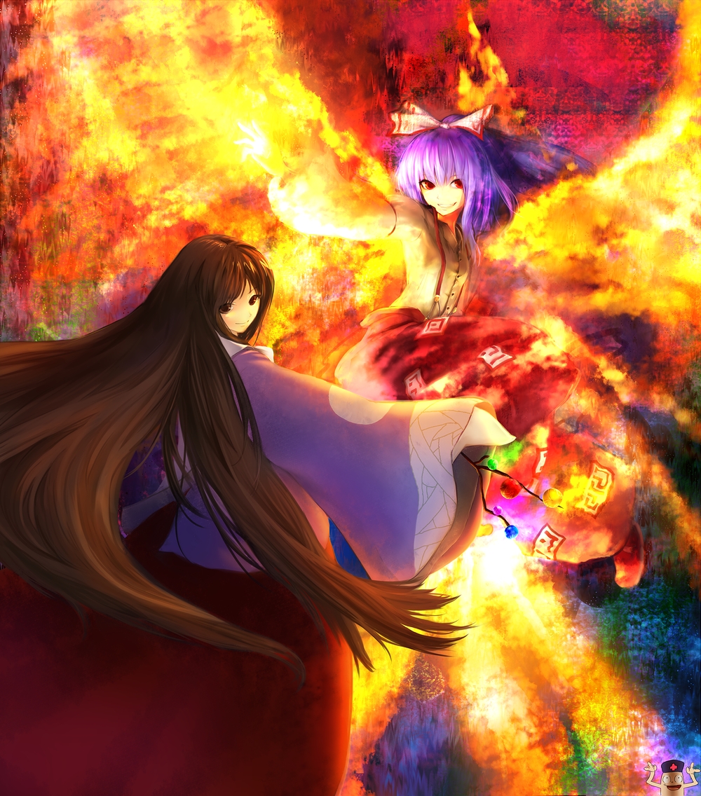 chirigami-san, fujiwara no mokou, houraisan kaguya, touhou, silver hair, bad id, bad pixiv id, 2girls, 3girls, brown hair, female focus, fire, japanese clothes, long hair, multiple girls, purple eyes, red eyes, very long hair