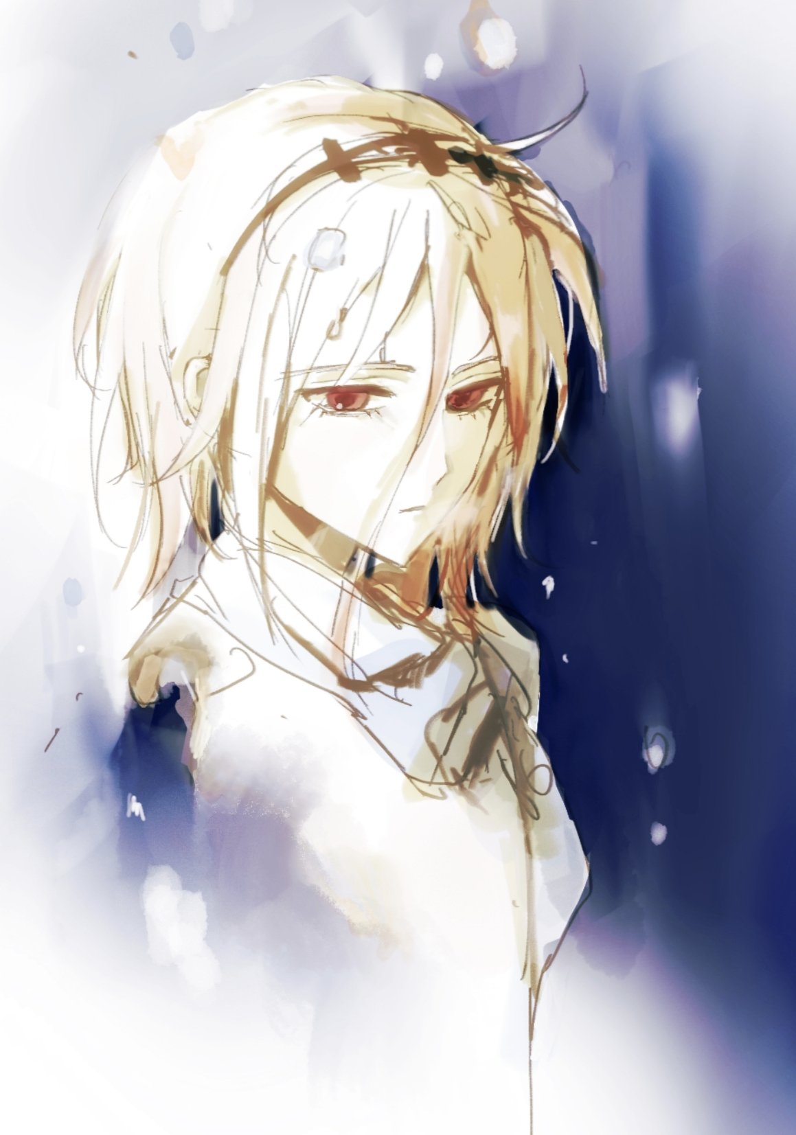 yinyong yu, zuifeng tenkai, len'en, highres, 1other, androgynous, black hairband, blue sky, closed mouth, dissolving, expressionless, eyelashes, grey scarf, hair between eyes, hair rollers, hairband, light frown, long hair between eyes, looking ahead, night, orange eyes, orange hair, other focus, outdoors, pointy nose, scarf, shirt, short hair, sky, snowing, solo, upper body, white shirt