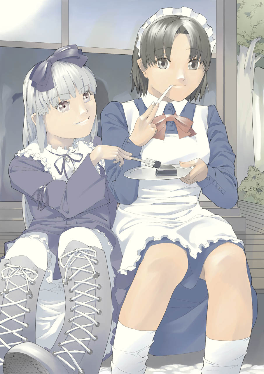 akinbo (hyouka fuyou), 3.1-tan, os-tan, highres, 2girls, bad anatomy, eating, food, gelatin, maid, multiple girls, pantyhose, plate, poorly drawn