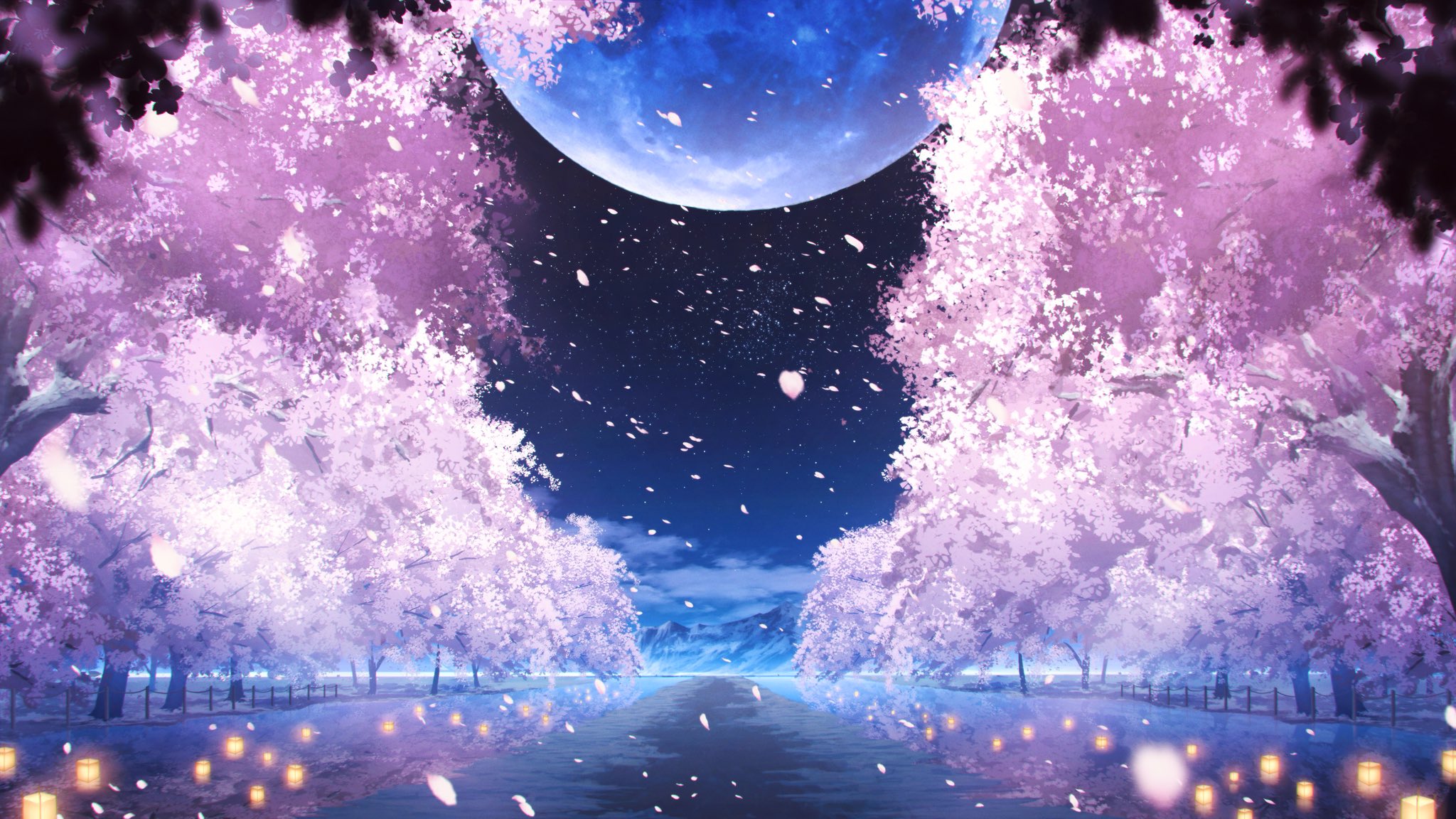 asukake project, original, commentary, highres, blurry, cherry blossoms, cloud, depth of field, falling petals, full moon, lantern, moon, mountainous horizon, nature, night, night sky, no humans, outdoors, paper lantern, perspective, petals, road, scenery, sky, spring (season), star (sky), starry sky, tree