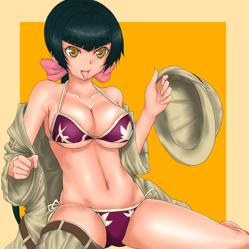 rokuichi, wang liu mei, gundam, gundam 00, 00s, 1girl, barefoot, bikini, blunt bangs, breasts, cleavage, collarbone, female focus, hat, helmet, large breasts, navel, open mouth, purple bikini, side-tie bikini bottom, simple background, sitting, solo, swimsuit, tongue, tongue out, undressing, unworn hat, unworn headwear, wariza, yellow background