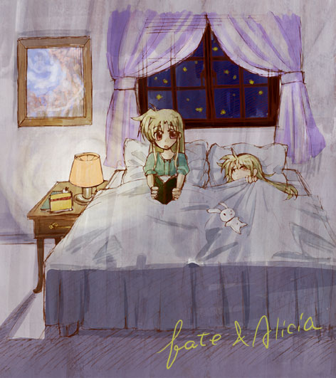 hachi (hachikai), alicia testarossa, fate testarossa, lyrical nanoha, mahou shoujo lyrical nanoha, light, 00s, 2girls, bed, bed sheet, blanket, blonde hair, book, brown eyes, closed eyes, curvy, desk lamp, holding, holding book, indoors, lamp, looking at viewer, multiple girls, on bed, open book, pillow, reading, siblings, sisters, sleeping, window