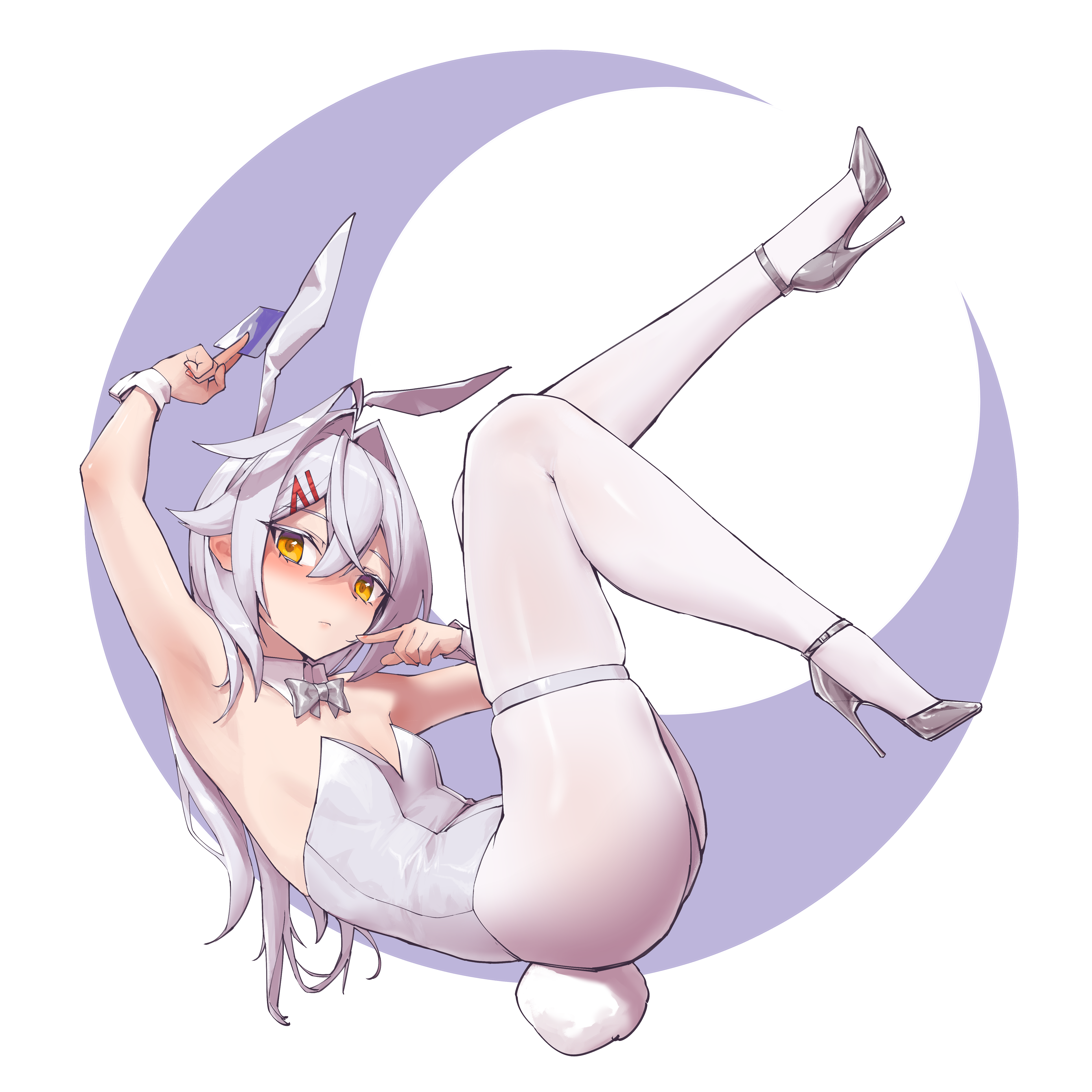 stank, original, absurdres, highres, 1girl, ahoge, animal ears, armpits, bare shoulders, blush, bow, bowtie, breasts, card, collar, crescent, d'orsay heels, from side, hair ribbon, high heels, holding, holding card, knee up, leg up, leotard, long hair, looking at viewer, lying, nose blush, on back, pantyhose, playboy bunny, rabbit ears, rabbit tail, ribbon, shoes, small breasts, strappy heels, tail, thigh strap, thighband pantyhose, very long hair, white background, white bow, white bowtie, white collar, white hair, white leotard, white pantyhose, white shoes, white wrist cuffs, wrist cuffs, yellow eyes