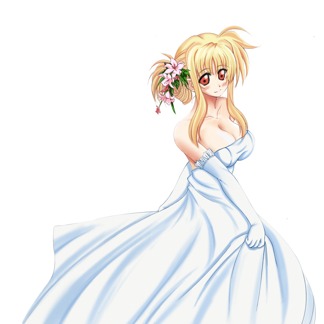 fate testarossa, lyrical nanoha, mahou shoujo lyrical nanoha, mahou shoujo lyrical nanoha strikers, 00s, 1girl, bare shoulders, blonde hair, blush, breasts, cleavage, clothes lift, dress, dress lift, elbow gloves, female focus, flower, gloves, large breasts, red eyes, solo, strapless, strapless dress, white dress
