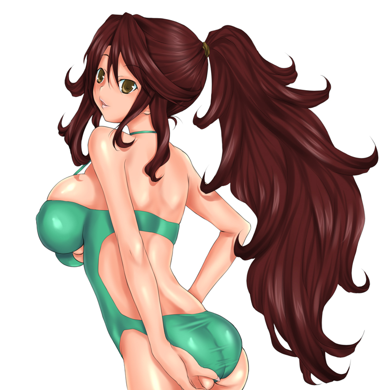 rokuichi, sumeragi lee noriega, gundam, gundam 00, 00s, 1girl, bad anatomy, breasts, casual one-piece swimsuit, cleavage, female focus, halterneck, large breasts, long hair, looking back, one-piece swimsuit, ponytail, poorly drawn, solo, swimsuit