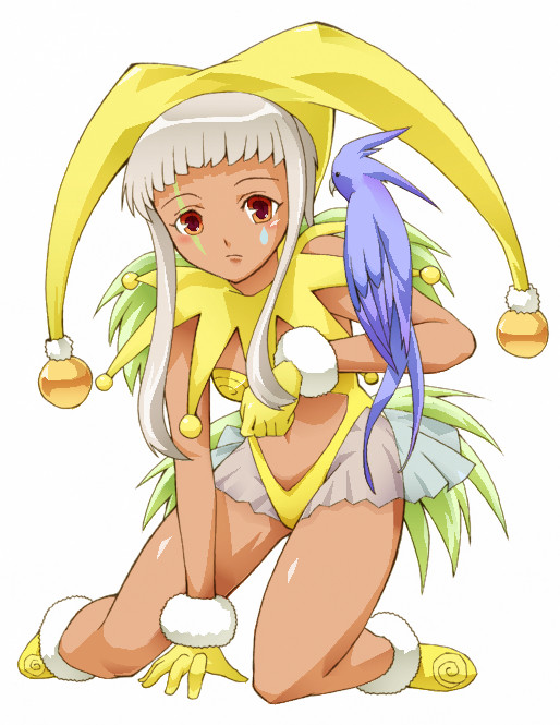 zazie rainyday, mahou sensei negima!, 00s, bird, dark skin, facial mark, hat, jester, jester cap, kneeling, makeup, parrot, pet, tattoo, teardrop tattoo