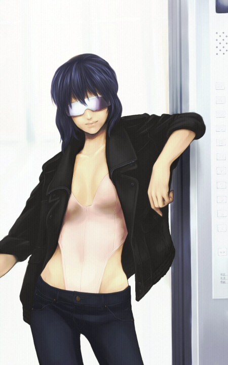 kusanagi motoko, ghost in the shell, ghost in the shell: stand alone complex, 00s, 1girl, blue hair, cyborg, denim, female focus, head-mounted display, jacket, jeans, leotard, lips, pants, short hair, solo, standing, sunglasses