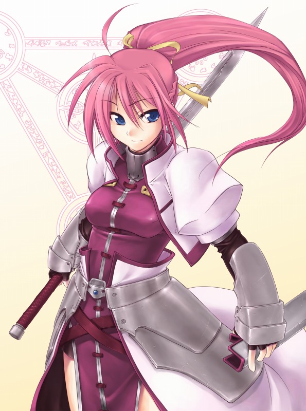 yuzun, laevatein (nanoha), signum, lyrical nanoha, mahou shoujo lyrical nanoha, mahou shoujo lyrical nanoha a's, mahou shoujo lyrical nanoha strikers, 00s, armor, blue eyes, magic circle, pink hair, ponytail, solo, sword, weapon, whip sword
