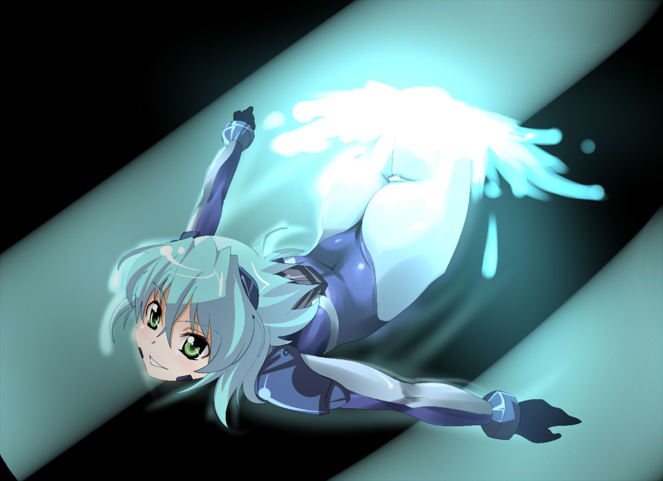 numbers (nanoha), sein (nanoha), lyrical nanoha, mahou shoujo lyrical nanoha, mahou shoujo lyrical nanoha strikers, eyebrows, 00s, 1girl, blue bodysuit, blue hair, bodysuit, female focus, glowing, green eyes, looking at viewer, magic, outstretched arms, short hair, skin tight, solo