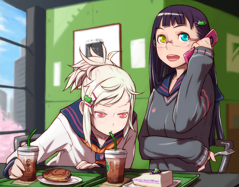 negishi hideto, original, 2girls, albino, aqua eyes, black hair, blue eyes, cake, cellphone, coffee, drinking, drinking straw, food, fork, glasses, heterochromia, long hair, multiple girls, open mouth, pastry, phone, pink eyes, restaurant, school uniform, serafuku, talking on phone, tears, wagashi, white hair, yellow eyes