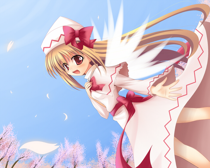 makino (ukiuo), lily white, touhou, 1girl, female focus, hat, red eyes, solo, wings