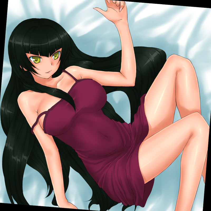 rokuichi, wang liu mei, gundam, gundam 00, 00s, 1girl, bare shoulders, bed, bed sheet, black hair, breasts, cleavage, collarbone, dress, female focus, long hair, looking at viewer, lying, navel covered, off shoulder, on back, on bed, sidelocks, solo, strap slip, very long hair, yellow eyes