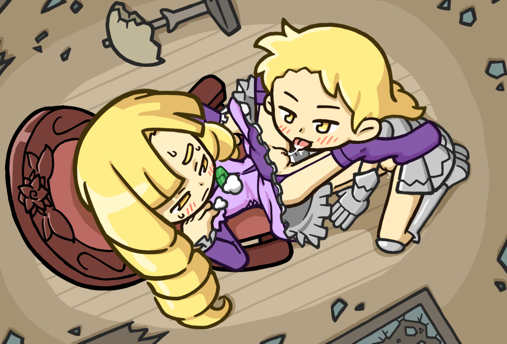 yoshikage (k hisagi), original, 2girls, armor, blonde hair, blush, broken glass, chair, cunnilingus, curly hair, dress, female focus, garter belt, glass, helmet, kneeling, lamp, long hair, multiple girls, no panties, on chair, oral, plate armor, purple dress, purple socks, pussy, pussy juice, pussy juice drip, pussy juice trail, reclining, socks, tongue, tongue out, uncensored, yellow eyes, yuri