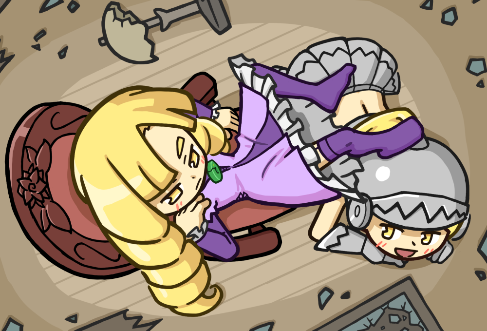 yoshikage (k hisagi), original, 2girls, all fours, armor, blonde hair, blush, broken glass, chair, curly hair, dress, female focus, glass, helmet, lamp, long hair, multiple girls, on chair, open mouth, plate armor, purple dress, purple socks, reclining, smile, socks, yellow eyes