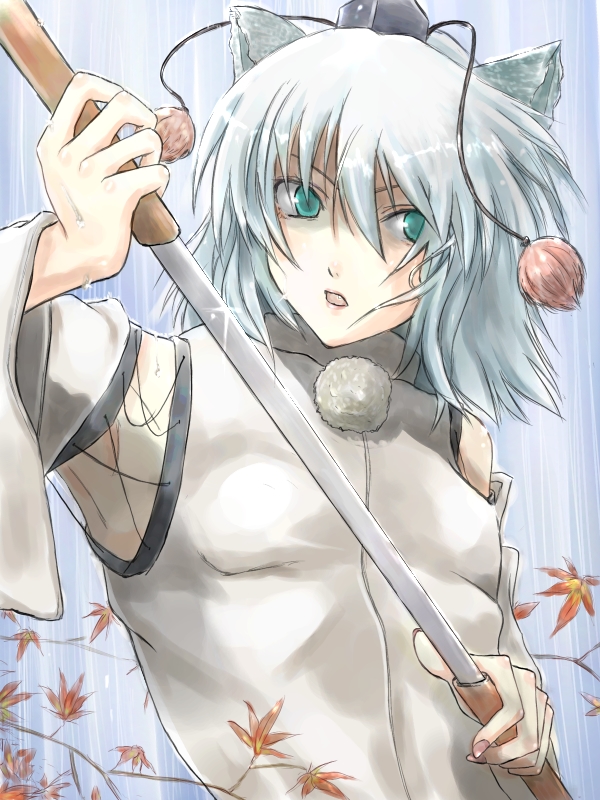 kuku, inubashiri momiji, touhou, 1girl, animal ears, armpits, dog ears, female focus, plant, sheath, solo, sword, unsheathing, upper body, weapon, wolf ears