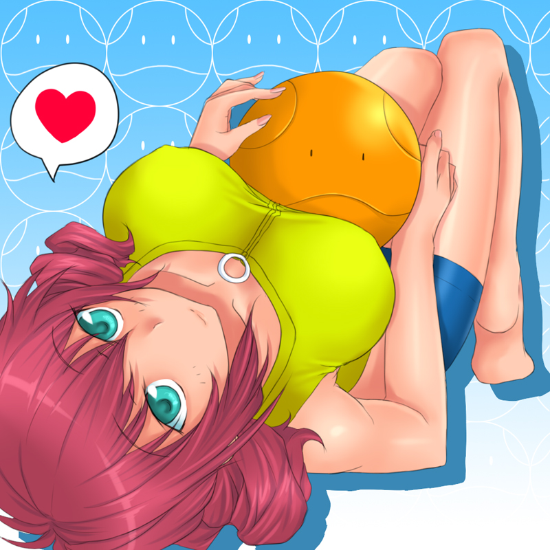 rokuichi, feldt grace, haro, gundam, gundam 00, 00s, 1girl, aqua eyes, ball, bare arms, bare legs, bare shoulders, barefoot, bike shorts, blue eyes, blue shorts, blush, breasts, breasts apart, cleavage, closed mouth, covered erect nipples, creature, drill hair, female focus, fingernails, from below, heart, knees up, large breasts, long fingernails, long hair, looking at viewer, looking back, nail polish, pink hair, pink nails, red hair, short hair, shorts, sleeveless, smile, soles, solid oval eyes, solo, speech bubble, spoken heart, tank top, twin drills