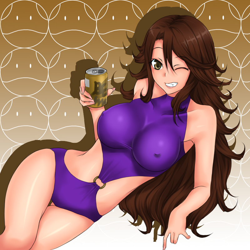 rokuichi, haro, sumeragi lee noriega, gundam, gundam 00, 00s, 1girl, alcohol, beer, breasts, casual one-piece swimsuit, covered erect nipples, female focus, grin, impossible clothes, impossible swimsuit, large breasts, long hair, nipples, one-piece swimsuit, one eye closed, shadow, sleeveless, sleeveless turtleneck, smile, solo, swimsuit, turtleneck, wink, yellow eyes