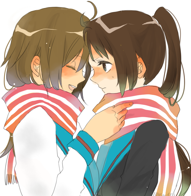 kumori, koizumi itsuki, koizumi itsuki (female), kyon, kyonko, suzumiya haruhi no yuuutsu, bad id, bad pixiv id, gender request, 00s, 2girls, brown hair, cardigan, closed eyes, forehead-to-forehead, from side, genderswap, heads together, long hair, looking at another, multiple girls, open mouth, ponytail, scarf, school uniform, serafuku, simple background, striped clothes, striped scarf, sweatdrop, upper body, white background