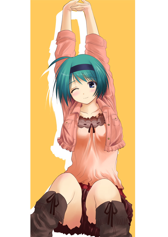 sakaki imasato, yoshioka chie, to heart (series), to heart 2, 00s, 1girl, female focus, green hair, hairband, one eye closed, short hair, solo, stretching, wink