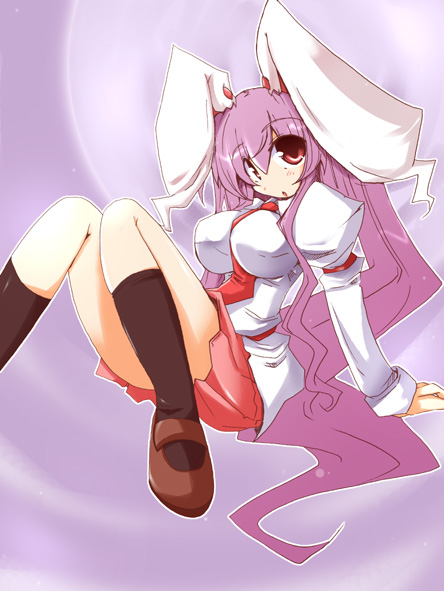 shirogane (platinum), reisen udongein inaba, touhou, 1girl, animal ears, between breasts, breasts, female focus, knees together feet apart, long hair, moon, necktie, necktie between breasts, purple hair, rabbit ears, red eyes, red necktie, solo
