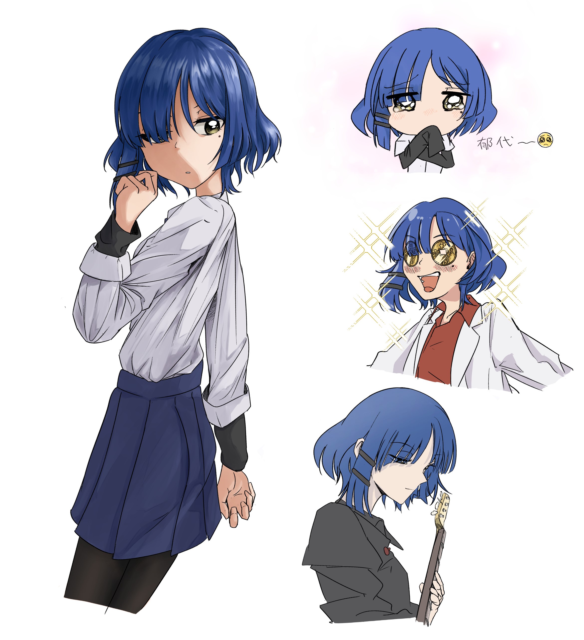 urouchi, bocchi the rock!, shining, absurdres, highres, 1girl, bass guitar, black shirt, blue hair, blush, breasts, chibi, coin, collar, collared shirt, crying, hair ornament, instrument, long sleeves, looking at viewer, looking to the side, oversized clothes, red shirt, shirt, short hair, small breasts, undershirt, white shirt, yellow eyes, yen