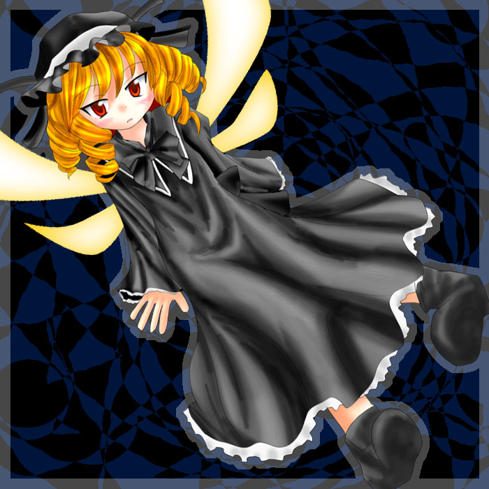 luna child, eastern and little nature deity, touhou, 1girl, ankle boots, arms at sides, black dress, blonde hair, blush, boots, dress, dutch angle, fairy, fairy wings, female focus, full body, long sleeves, looking at viewer, red eyes, solo, wings