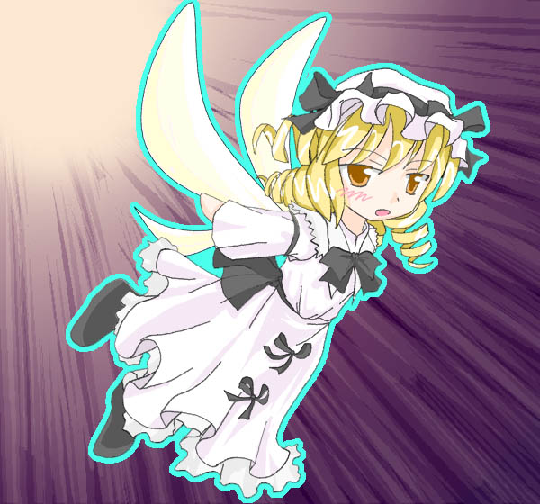 luna child, eastern and little nature deity, touhou, touhou sangetsusei, 1girl, :o, black bow, black bowtie, blonde hair, bow, bowtie, brown eyes, dress, drill hair, fairy, female focus, flying, full body, light smile, long sleeves, looking at viewer, motion lines, parted lips, solo, speed lines, twin drills, white dress