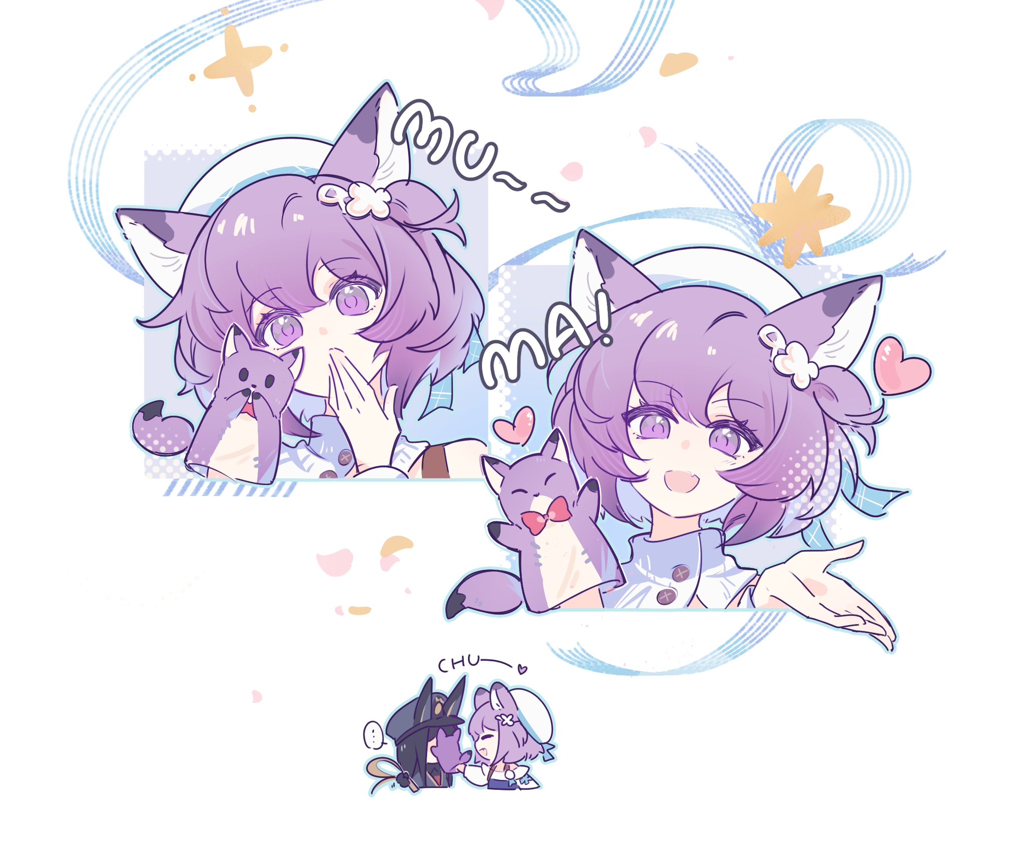 kaleka, dobermann (arknights), dobermann (lieutenant) (arknights), dur-nar (arknights), dur-nar (plush cake) (arknights), highres, …, 2girls, :d, animal ears, black hair, blowing kiss, dog ears, double-parted bangs, fox ears, hair ornament, hair ribbon, hand puppet, hat, head tilt, heart, holding, looking at viewer, military hat, multiple girls, open mouth, portrait, puppet, purple eyes, purple hair, ribbon, short hair, simple background, smile, speech bubble