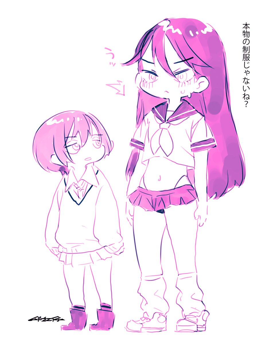mudou eichi, amate yuzuriha, nyaan (gundam gquuuuuux), gundam, gundam gquuuuuux, highres, 2girls, ^^^, aged down, chibi, long hair, long sleeves, looking at another, multiple girls, navel, school uniform, serafuku, shoes, short hair, skirt, socks, sweatdrop, thong