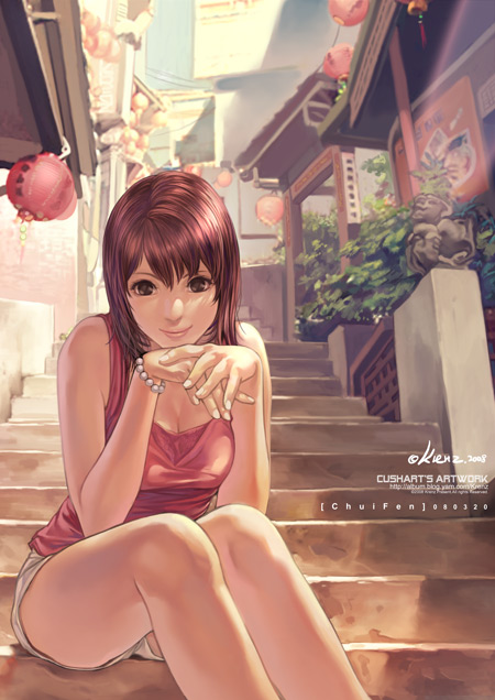 krenz, original, 1girl, bare shoulders, breasts, brown eyes, brown hair, cleavage, female focus, legs, medium breasts, own hands clasped, own hands together, shorts, sitting, sitting on stairs, smile, solo, stairs, tank top