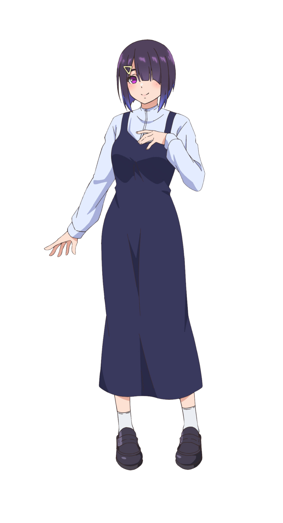 sumiyoshi izumi, sawaranaide kotesashi-kun, highres, official art, 1girl, anime coloring, black shoes, blue skirt, blush, bob cut, breasts, closed mouth, full body, hair ornament, hair over one eye, hairclip, hand on own chest, large breasts, loafers, long skirt, long sleeves, looking at viewer, open hand, outstretched arm, overall skirt, pink hair, purple eyes, shirt, shoes, short hair, simple background, skirt, smile, socks, solo, standing, tachi-e, transparent background, tsukamoto ryusuke, white shirt, white socks