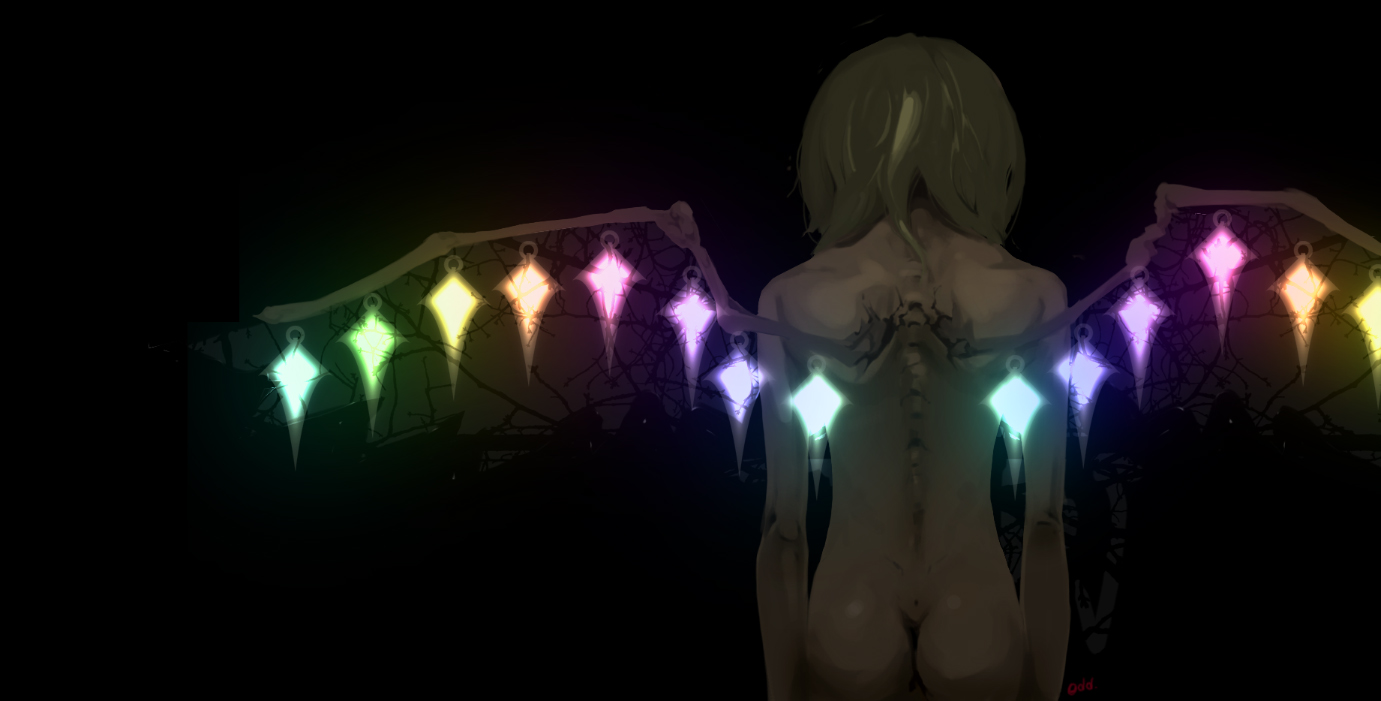 oddodd, flandre scarlet, touhou, 1girl, ass, back, blonde hair, completely nude, dark, female focus, from behind, glowing, nude, short hair, simple background, solo, wings