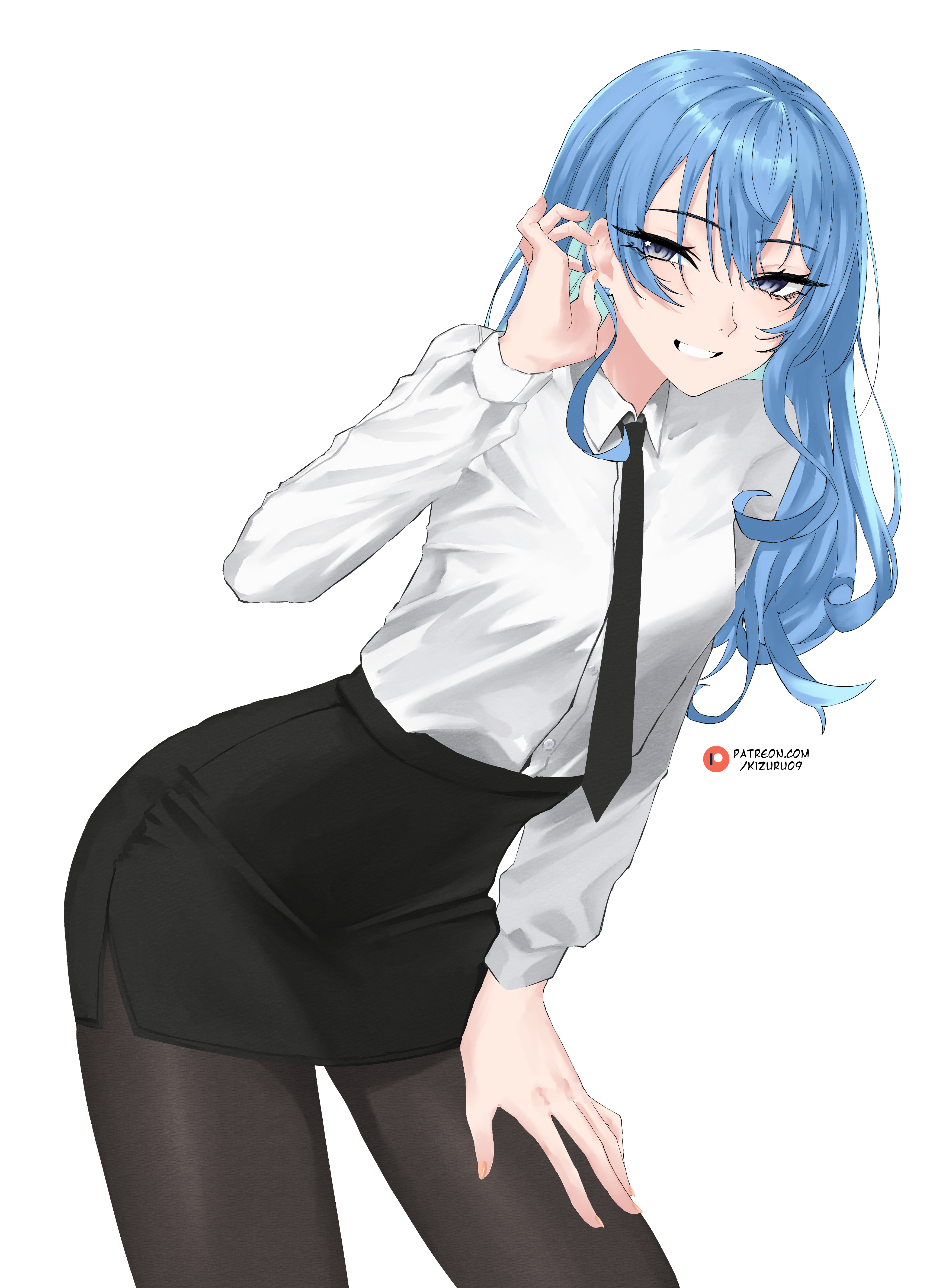 kizuru09, hoshimachi suisei, hololive, absurdres, highres, 1girl, alternate costume, black necktie, black pantyhose, black skirt, blue hair, collared shirt, dress shirt, grin, hand up, leaning forward, long hair, looking at viewer, necktie, office lady, pantyhose, pencil skirt, shirt, shirt tucked in, simple background, skirt, smile, solo, virtual youtuber, wavy hair, white background, white shirt