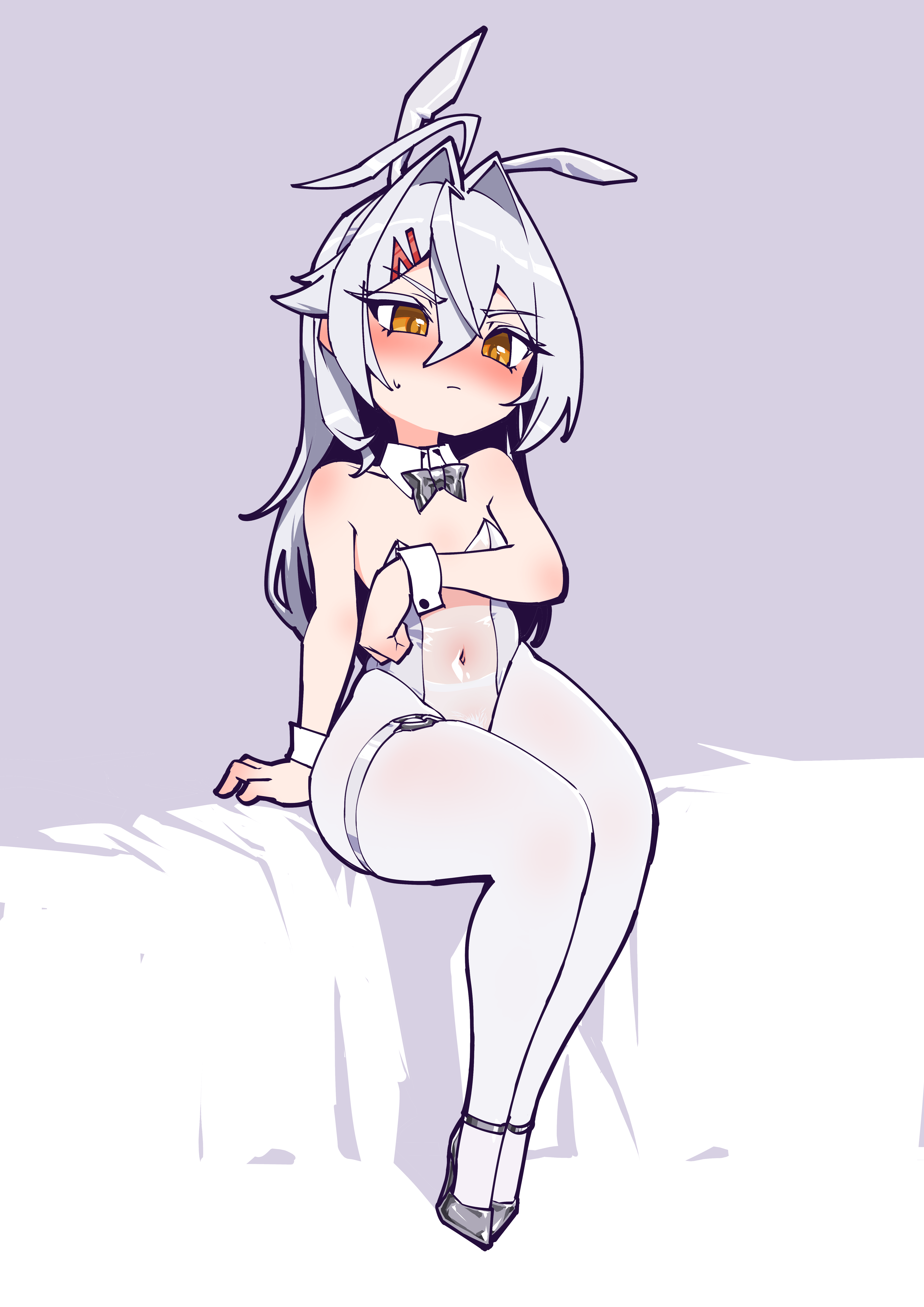 stank, original, absurdres, highres, 1girl, ahoge, animal ears, arm support, bare shoulders, blush, bow, bowtie, breasts, collar, covered navel, covering breasts, covering privates, d'orsay heels, hair ribbon, high heels, legs together, leotard, long hair, looking down, navel, nose blush, pantyhose, playboy bunny, rabbit ears, ribbon, see-through clothes, shoes, simple background, sitting, small breasts, strappy heels, thigh strap, very long hair, white bow, white bowtie, white collar, white hair, white leotard, white pantyhose, white shoes, white wrist cuffs, wrist cuffs, yellow eyes