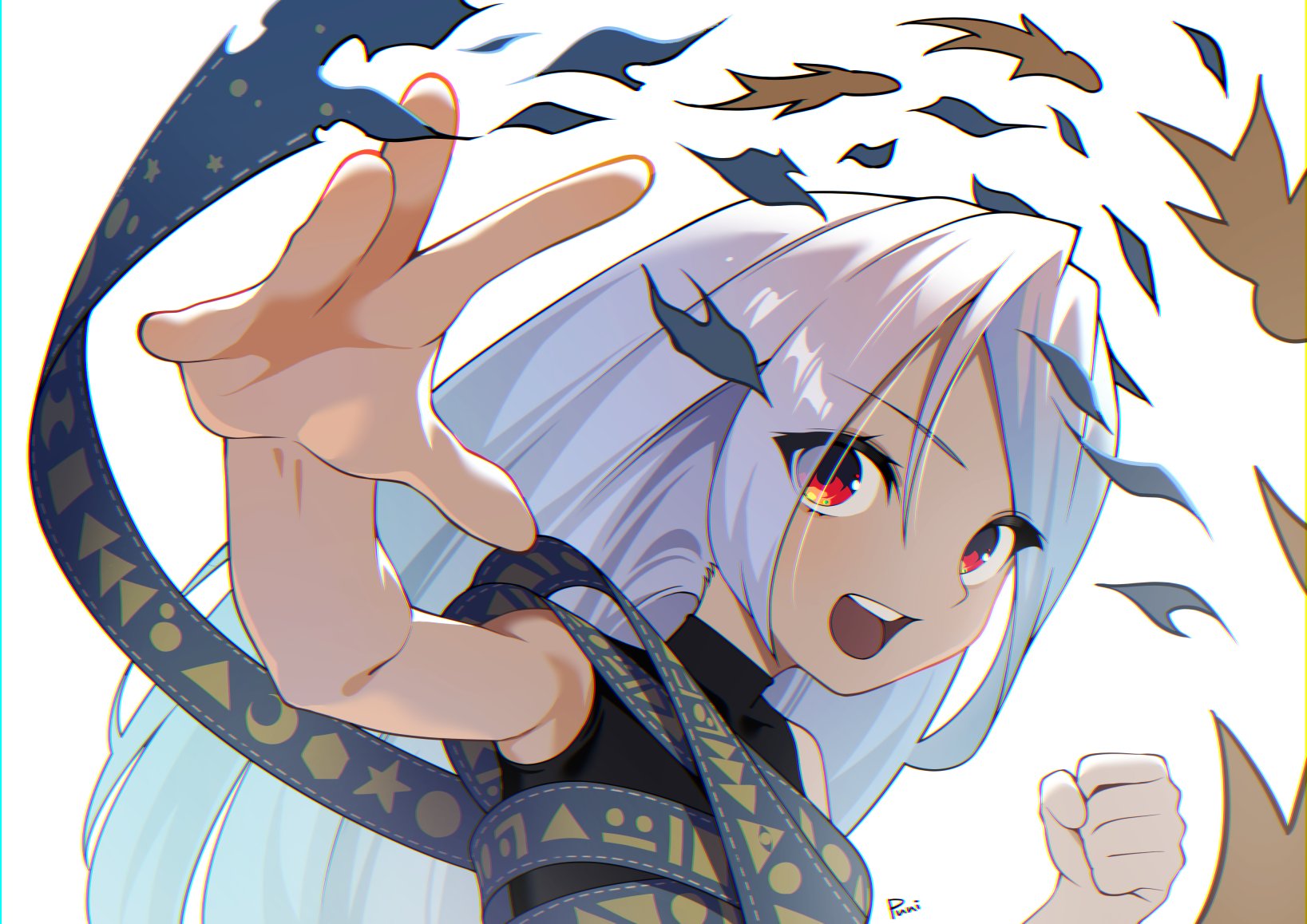 punidayo, yuiman asama, fossilized wonders, touhou, highres, 1girl, black dress, clenched hand, crescent, dress, eye of providence, grey hair, hair between eyes, hand up, long hair, long hair between eyes, looking at viewer, play button, red eyes, ribbon around body, simple background, sleeveless, sleeveless dress, snake, solo, teeth, triangle, upper body, upper teeth only, white background