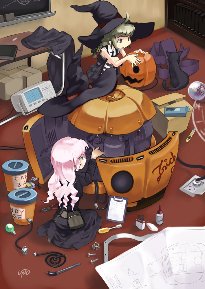 inemuri uno, original, striped legwear, halloween, hat, inemuriuno, jack-o'-lantern, machine, pink hair, pumpkin, socks, striped clothes, striped socks, witch hat