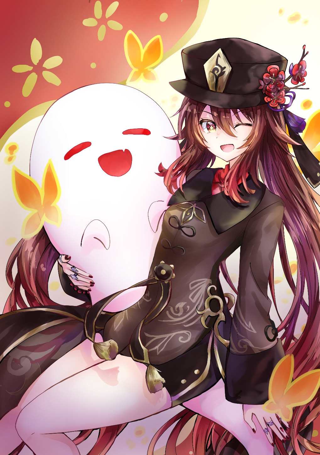 hapaa, boo tao (genshin impact), hu tao (genshin impact), genshin impact, commentary request, highres, 1girl, :d, black hat, black nails, black shirt, black shorts, brown eyes, brown hair, bug, butterfly, double-parted bangs, feet out of frame, flower, ghost, hair between eyes, hat, hat flower, insect, jewelry, long hair, long sleeves, looking at viewer, nail polish, one eye closed, open mouth, red flower, ring, shirt, shorts, sidelocks, sitting, smile, sparkling eyes, speech bubble