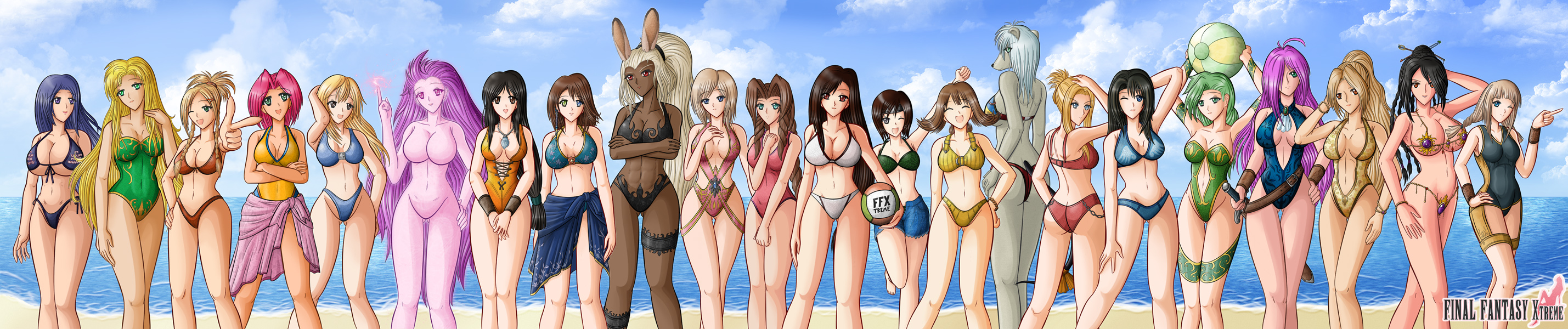 aerith gainsborough, ashelia b'nargin dalmasca, celes chere, faris scherwiz, fran (ff12), freya crescent, garnet til alexandros xvii, krile mayer baldesion (ff5), lenna charlotte tycoon, lulu (ff10), maria (ff2), penelo, quistis trepe, refia, rikku (ff10), rinoa heartilly, rosa farrell, rydia (adult) (ff4), rydia (ff4), selphie tilmitt, tifa lockhart, tina branford, trance terra branford, yuffie kisaragi, yuna, yuna (ff10), dead or alive, dead or alive xtreme, final fantasy, final fantasy ii, final fantasy iii, final fantasy iv, final fantasy ix, final fantasy v, final fantasy vi, final fantasy vii, final fantasy viii, final fantasy x, final fantasy xii, square enix, tecmo, annotated, highres, long image, wide image, 6+girls, @ @, abs, animal ears, ass, ball, barefoot, beach, beachball, bikini, blue sky, breasts, burmecian, cleavage, cloud, crossover, dark-skinned female, dark skin, day, everyone, feet, female focus, flipped hair, green hair, heterochromia, large breasts, micro bikini, multiple girls, muscular, navel, nude, ocean, one-piece swimsuit, outdoors, parody, rabbit ears, sarong, sky, swimsuit, sword, toes, underboob, venus bikini, viera, volleyball, volleyball (object), weapon