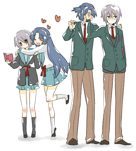 beniko, asakura ryo, asakura ryoko, nagato yuki, nagato yuuki, suzumiya haruhi no yuuutsu, bad id, bad pixiv id, 00s, 2boys, 2girls, dual persona, genderswap, genderswap (ftm), hug, in the face, kneehighs, multiple boys, multiple girls, school uniform, serafuku, socks