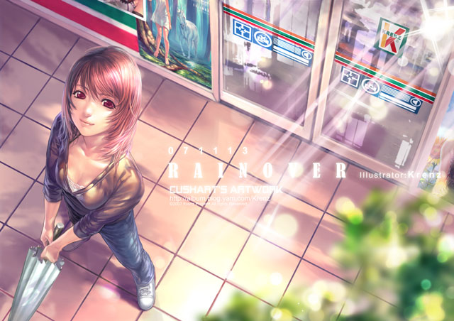 krenz, original, 1girl, breasts, brown hair, convenience store, female focus, from above, looking up, outdoors, pavement, red eyes, shop, solo, standing, umbrella