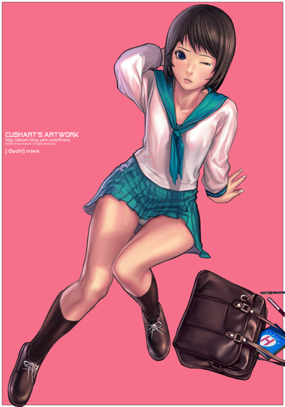 krenz, original, 1girl, arm behind head, bag, blue eyes, brown hair, female focus, from above, legs, lips, looking up, one eye closed, panties, pantyshot, school uniform, serafuku, short hair, sitting, skirt, solo, tears, underwear, upskirt
