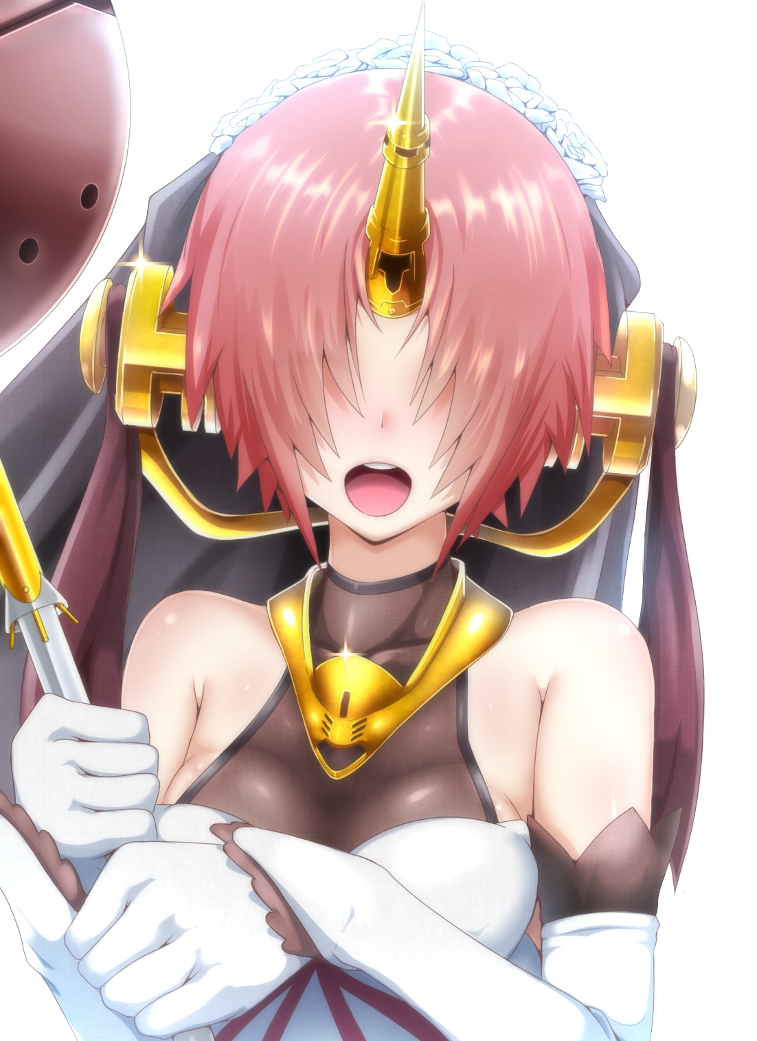 mrtakenoko, frankenstein's monster (fate), fate/grand order, fate (series), highres, 1girl, bare shoulders, black veil, breasts, bridal veil, collarbone, dress, elbow gloves, eyes visible through hair, gloves, hair over eyes, happy, headgear, holding, holding mace, holding weapon, horns, long bangs, mace, mechanical horns, open mouth, parted bangs, pink hair, short hair, simple background, single horn, small breasts, smile, solo, upper body, veil, weapon, wedding dress, white background, white dress, white gloves