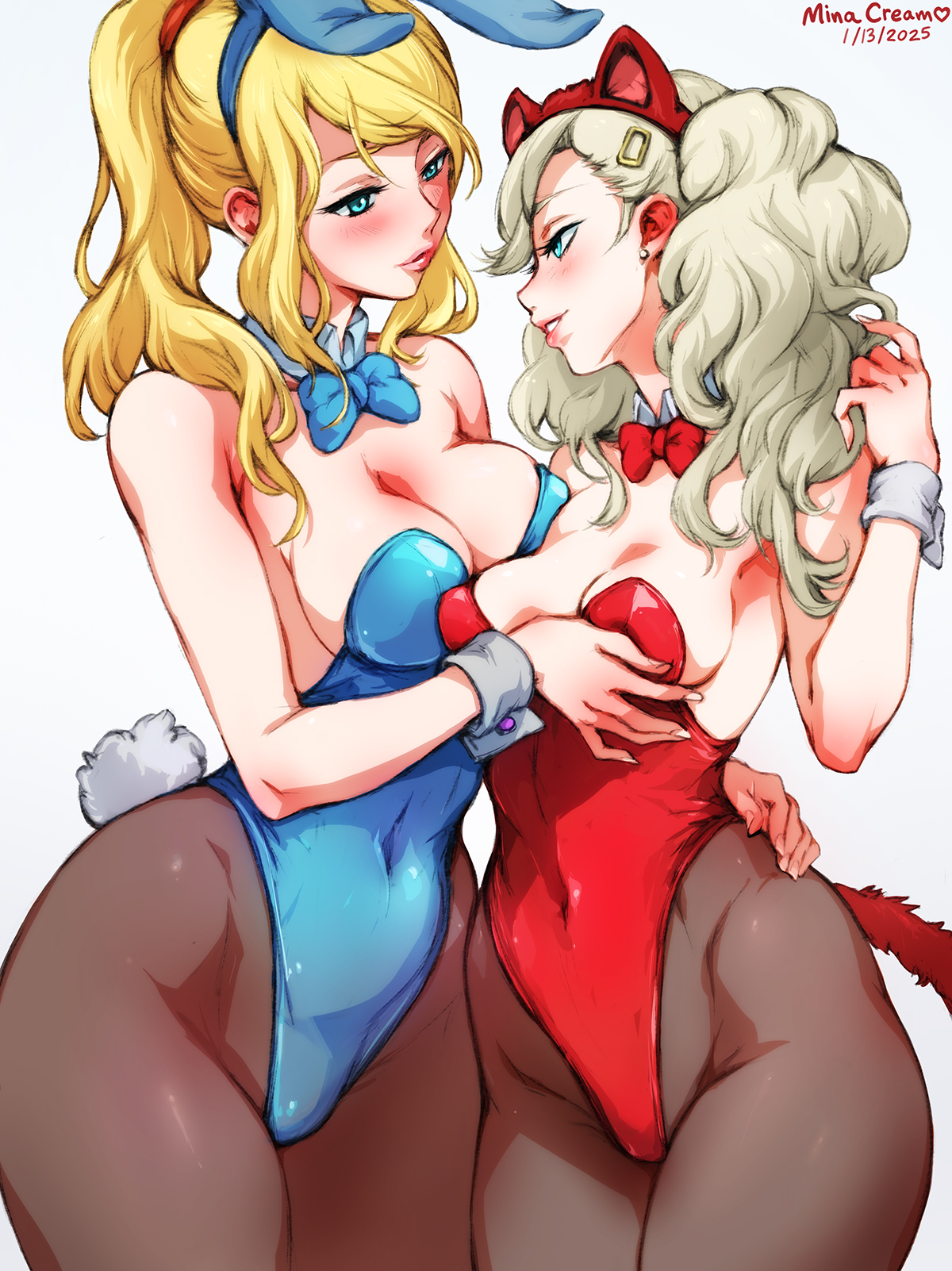 mina cream, samus aran, takamaki anne, metroid, nintendo, persona, persona 5, highres, 2girls, animal ear hairband, animal ears, asymmetrical docking, blonde hair, blue bow, blue bowtie, blue eyes, blue leotard, bow, bowtie, breast press, breasts, brown pantyhose, cat ear hairband, cat ears, cat tail, cleavage, crossover, detached collar, earrings, fake animal ears, grabbing another's breast, groping, hair ornament, hairband, hairclip, hand on another's waist, high ponytail, jewelry, large breasts, leotard, lips, looking at another, medium breasts, multiple girls, pantyhose, parted lips, playboy bunny, ponytail, rabbit ear hairband, rabbit ears, rabbit tail, red bow, red bowtie, red leotard, simple background, stud earrings, tail, twintails, white background, wide hips, wrist cuffs, yuri