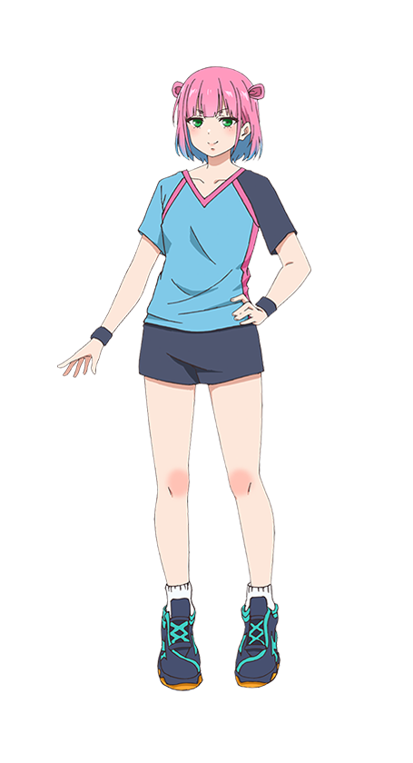 sayamagaoka chiyo, sawaranaide kotesashi-kun, official art, 1girl, anime coloring, blue shirt, blush, breasts, closed mouth, collarbone, full body, green eyes, grey shoes, grey shorts, hand on own hip, looking at viewer, medium breasts, multicolored hair, multicolored shirt, open hand, outstretched arm, pink hair, shirt, shoes, short hair, shorts, simple background, smile, socks, solo, sportswear, standing, tachi-e, transparent background, tsukamoto ryusuke, white socks, wristband