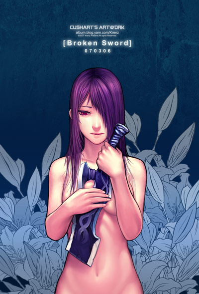 krenz, original, 1girl, female focus, hair over one eye, nude, purple eyes, purple hair, solo, sword, weapon