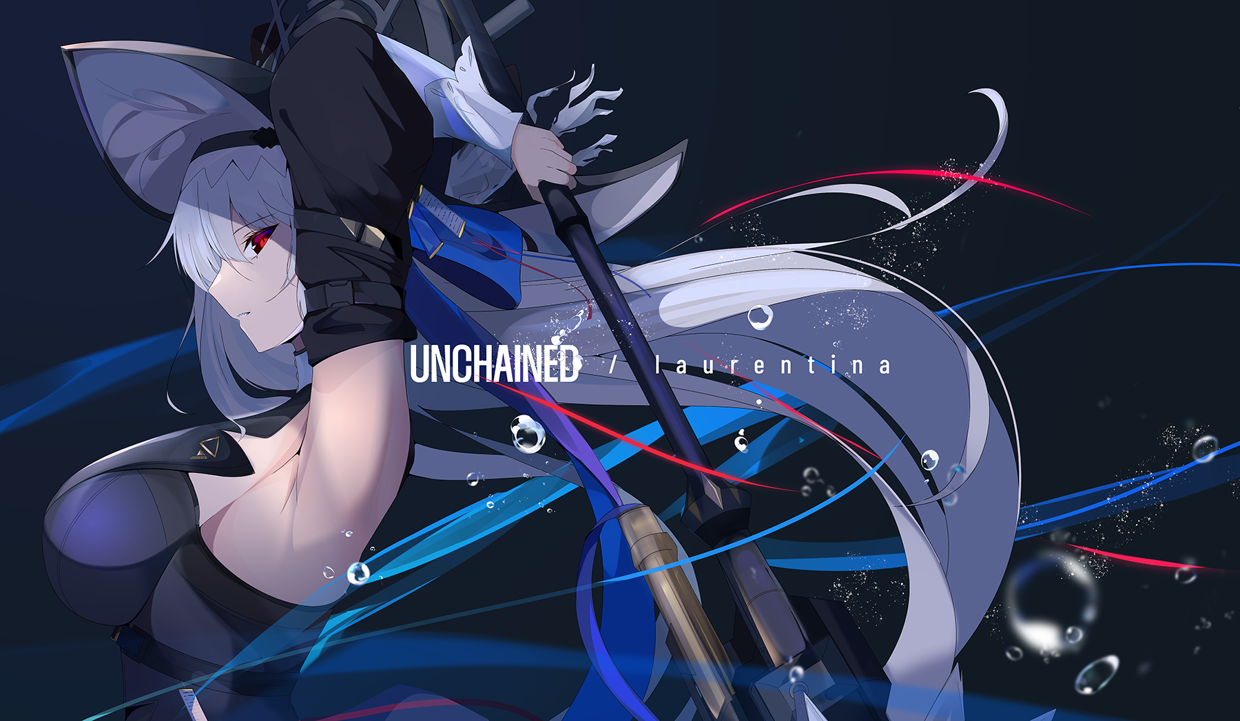 edelritter, specter (arknights), specter the unchained (arknights), arknights, highres, 1girl, armpits, arms up, black dress, black hat, breasts, character name, dress, from side, grey hair, hair between eyes, hat, large breasts, long hair, looking at viewer, looking to the side, parted lips, red eyes, solo, upper body