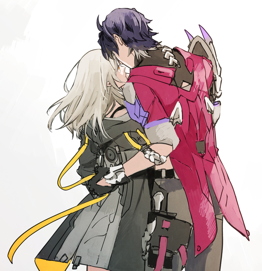 user ysfe5483, sampo koski, stelle (honkai: star rail), trailblazer (honkai: star rail), honkai: star rail, honkai (series), 1boy, 1girl, armor, back, black gloves, black jacket, black shirt, closed mouth, dagger, gloves, grey hair, grey pants, hair between eyes, hand around waist, hetero, hood, hooded jacket, jacket, knife, long hair, long sleeves, looking at another, multicolored hair, pants, pink jacket, purple hair, shirt, short hair, short sleeves, shoulder armor, simple background, smile, standing, two-sided fabric, two-sided jacket, two-tone hair, weapon, white background, yellow eyes, yellow jacket